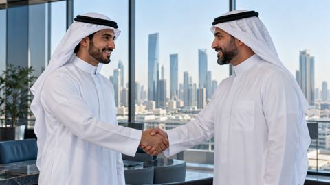 رائد أعمال سعودي شاب يصافح مستشار أعمال في مكتب حديث