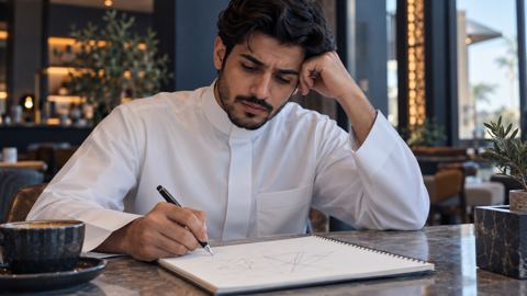 رائد أعمال سعودي شاب يرسم شعاراً في مفكرة بمقهى ويتوقف متردداً
