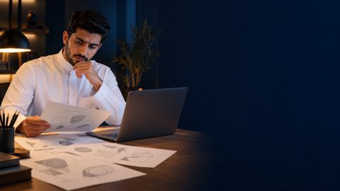 رائد أعمال سعودي شاب يتأمل بشك رسومات شعارات منتشرة أمامه بجانب لابتوبه