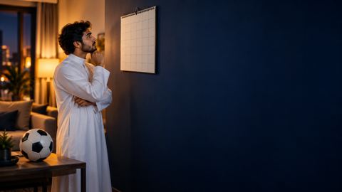 مشجع سعودي شاب بثوب أبيض ينظر إلى تقويم الجدار وكرة على الطاولة مساءً
