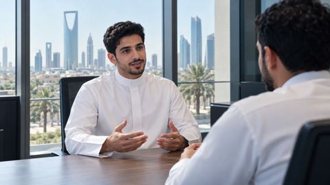 شاب سعودي يتحدث بثقة مع المحاور في مقابلة عمل بمكتب حديث