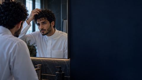 شاب سعودي بشعر مجعد طبيعي ينظر إلى خصلاته المنفوشة في مرآة الحمام