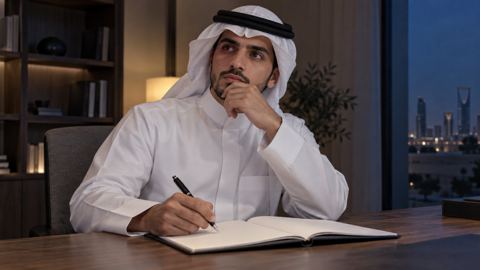 شاب سعودي على مكتبه يقرر أي مهارة يركز عليها والقلم فوق الدفتر