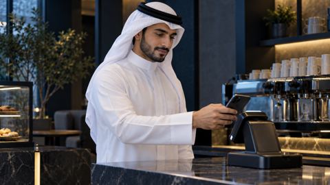 شاب سعودي يدفع بجواله عند طاولة مقهى حديث