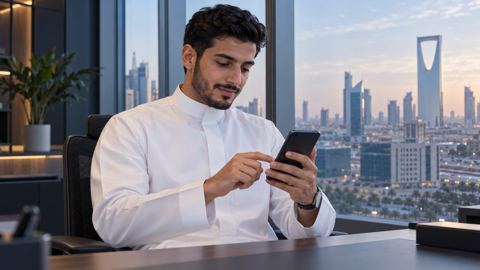 شاب سعودي بالثوب يتفقد تطبيق التقويم على جواله في مكتب بالرياض