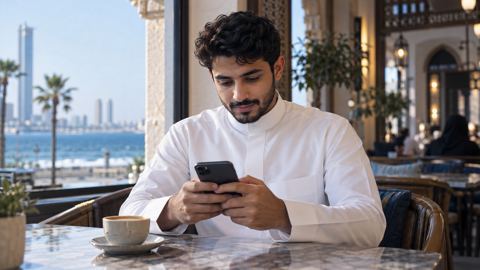 شاب سعودي بالثوب يتفقد جدول المباريات على جواله في مقهى بجدة