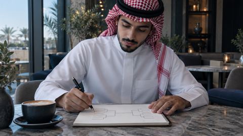 شاب سعودي بالثوب يرسم خطوط جدول بطولة فارغ في مفكرة على طاولة مقهى