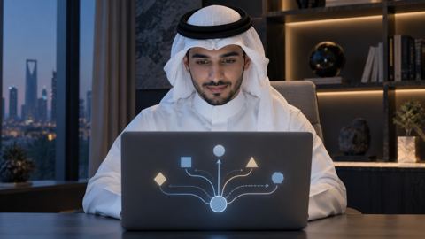 شاب سعودي بالثوب ينظر إلى مسارات مهنية على اللابتوب في غرفة مذاكرة حديثة