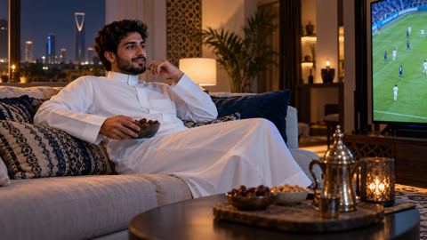 شاب سعودي بالثوب يرتاح على الكنب ويشاهد مباراة على التلفزيون مساءً