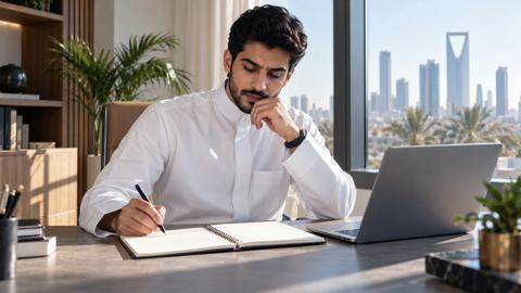 شاب سعودي بالثوب يراجع قائمة متطلبات طلب الوظيفة في دفتر بجانب اللابتوب