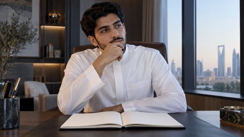 شاب سعودي بالثوب أمام دفتر فارغ ويده على ذقنه يفكر ماذا يكتب