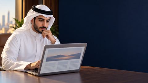 شاب سعودي بالثوب والغترة يتأمل تصميم مقال على لابتوبه في ضوء النهار