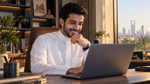 شاب سعودي بثوب أبيض يبتسم أمام اللابتوب حين يرى موقعاً يشير إلى مقاله