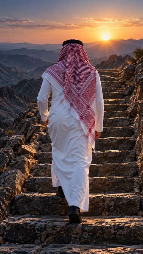 شاب سعودي بثوب أبيض وشماغ أحمر يصعد درجاً حجرياً نحو الشروق، من الخلف