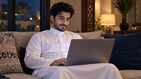 شاب سعودي بثوب أبيض على الكنب يتفقد لابتوبه بهدوء في ضوء المساء