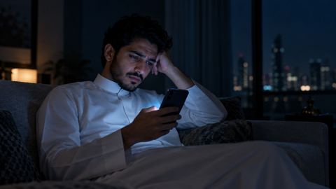 شاب سعودي بثوب أبيض متعب على الكنب ليلاً يقرأ جواله وأضواء المدينة من النافذة