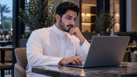 شاب سعودي يكتب على لابتوبه في مقهى ويتوقف ليفكر
