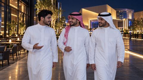 ثلاثة شباب سعوديين بالثياب البيضاء يمشون بجانب مقاهٍ ومداخل مسارح مضيئة في الرياض ليلاً