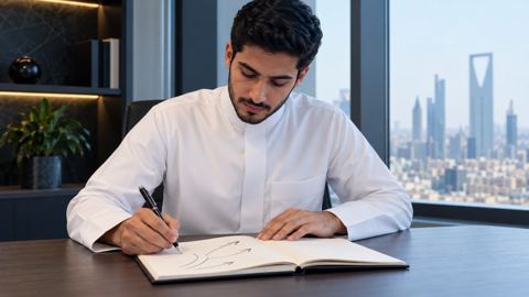 موظف سعودي شاب يخطط لمساره المهني بأسهم بسيطة في دفتره