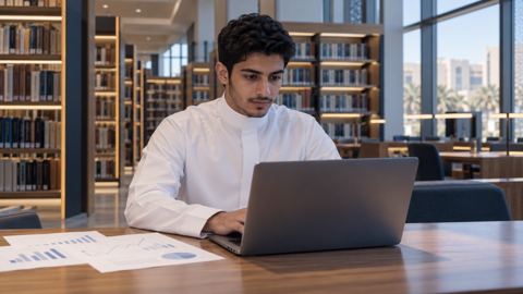 طالب جامعي سعودي يعمل على لابتوب برسوم مالية في مكتبة حديثة