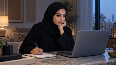 شابة سعودية بالعباءة والحجاب تتابع دورة إلكترونية على لابتوبها وبجانبها دفتر