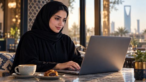 شابة سعودية بعباءة سوداء تكتب سؤالاً في محرك البحث على لابتوبها في مقهى