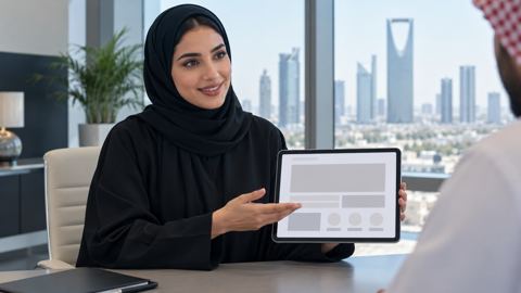 شابة سعودية بعباءة سوداء تعرض صفحة موقع على جهاز لوحي لعميلة محتملة