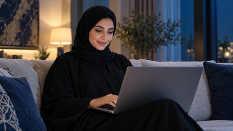 شابة سعودية تتصفح متجراً إلكترونياً على لابتوبها في البيت بارتياح