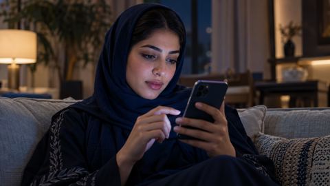شابة سعودية على الكنب تتصفح جوالها وإبهامها جاهز للضغط
