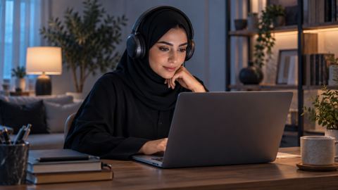 شابة سعودية تتابع دورة إلكترونية على اللابتوب بسماعات في البيت